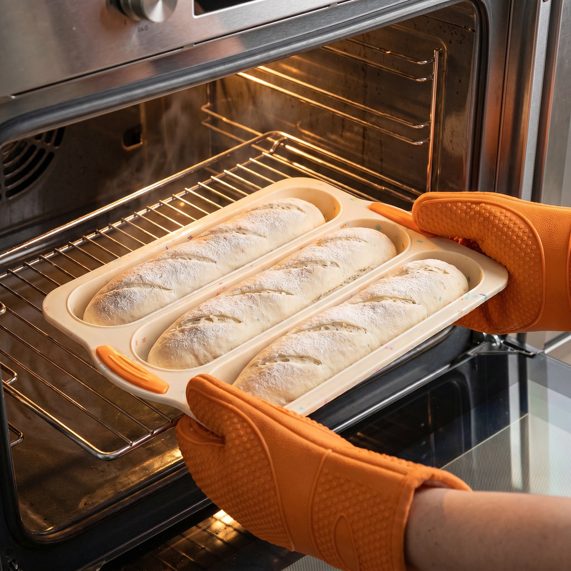 Unique Bargains Baking Pan 3-Loaf Speckled Ventilated Tray with Handles Beige 13"x9.1"x1"