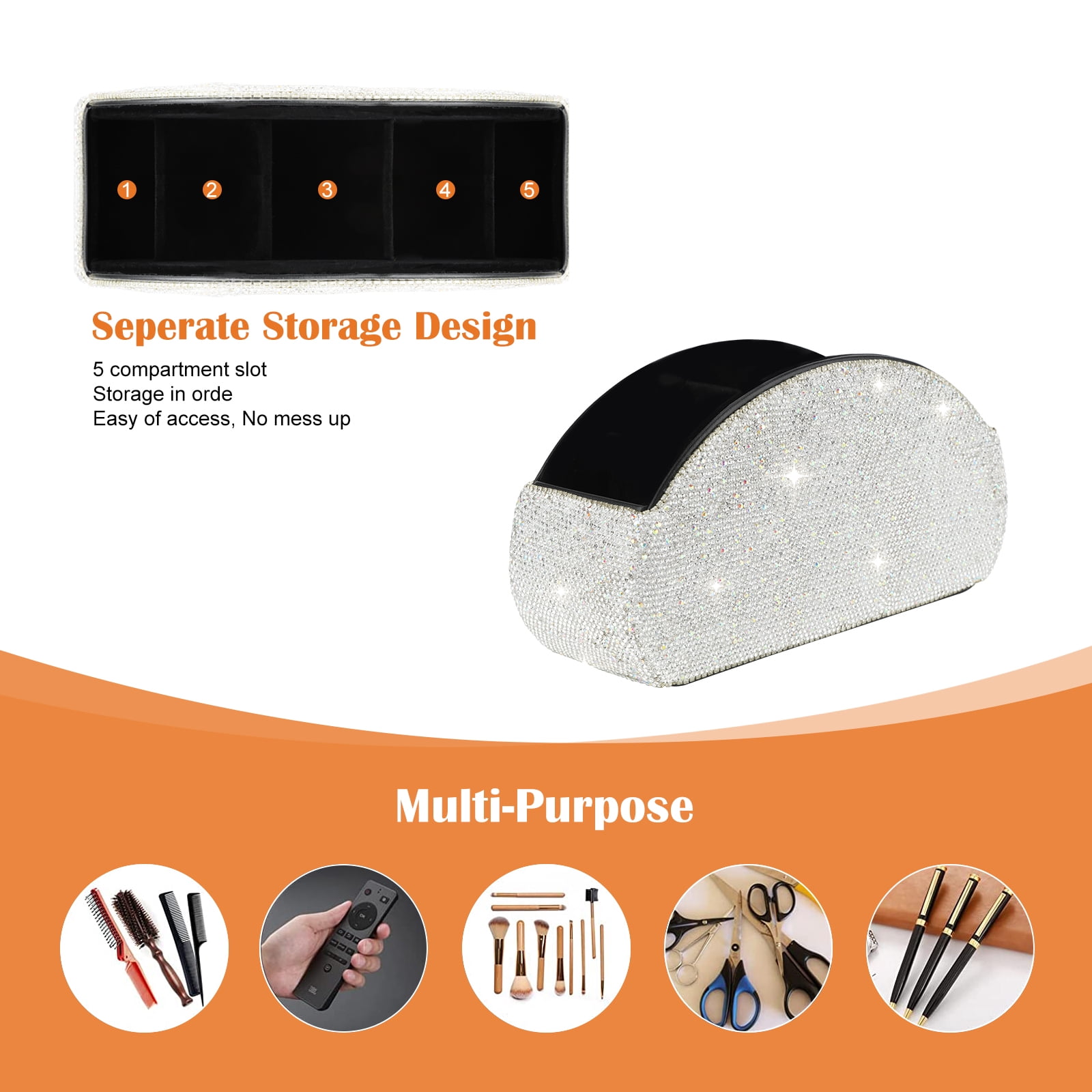 Remote Control Holder Organizer Table Desk Leather Control Storage TV Remote Control Organizer with 5 Spacious Compartments Bling Crystal Luxury Handmade Diamond (White)