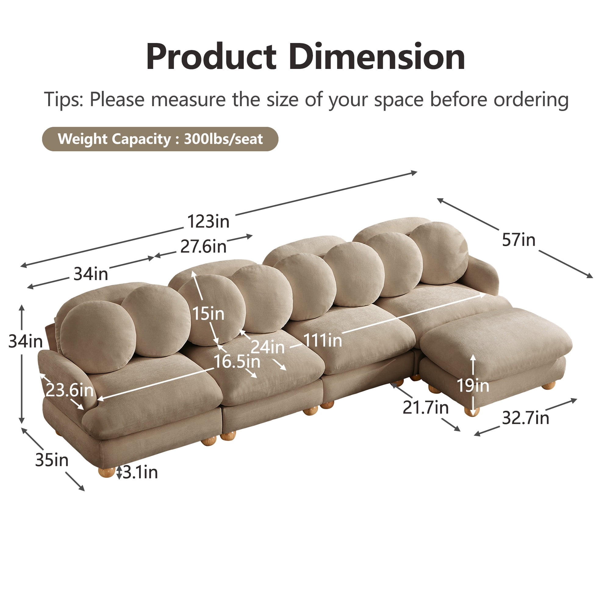 123" L-shaped 5 Seater Comfy Chenille Modular Sectional Sofa Couch with 8 Throw Pillows and Ottoman