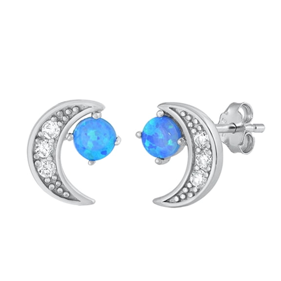 Sterling Silver Crescent Moon Space Night Sky Earrings Blue Simulated Opal 925 Jewelry Female Unisex