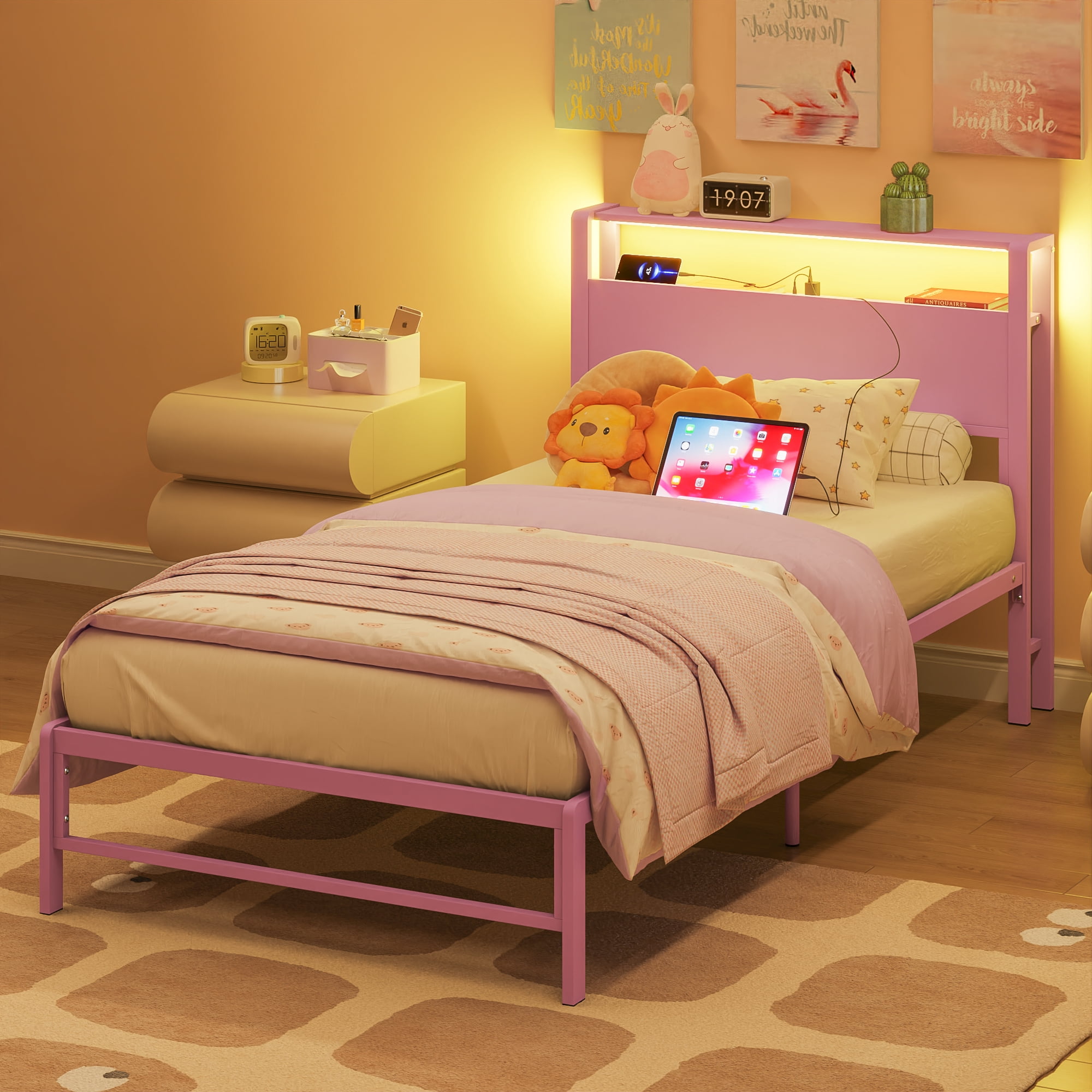 Mintazer Twin LED Light Metal Platform Bed Frame with 2-Tier Storage USB Port Charging Station Headboard for Kids Boys Girls, Pink