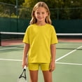 thumbnail image 3 of BXJX Girls Summer Outfit Sets, 2 Piece Short Sleeve Crew Neck T-Shirt and Shorts Set Yellow Size 9-10 T, 3 of 7
