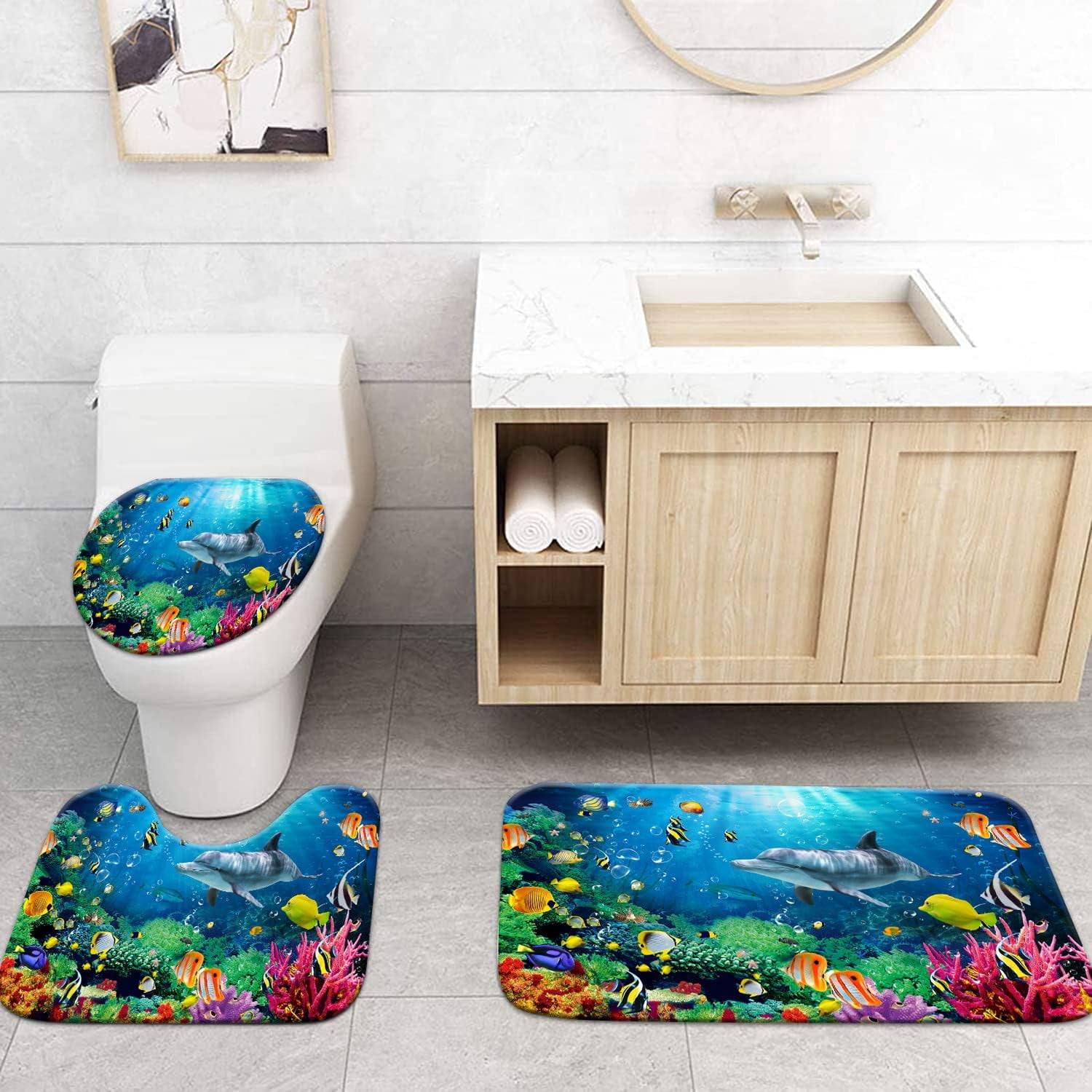 4 Pcs Colorful Gaming Shower Curtain Set for Boys Bathroom Decor Watercolor Gamepad Controller Bath Curtain with Anti-Slip Mat Kids Graffiti Game Shower 70.8x70.8in