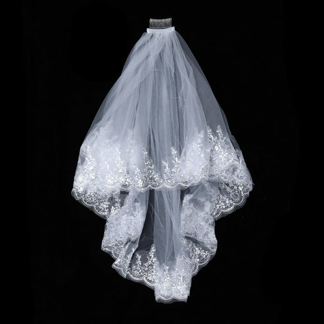SUTENGDA 1PC Wedding Bridal Veil Sequins Lace Double Layer Insert Comb Veil Wedding Accessories (White)