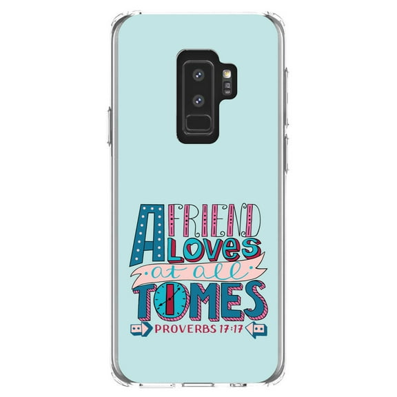 DistinctInk Clear Shockproof Hybrid Case for Samsung Galaxy S9  PLUS (6.2" Screen) - TPU Bumper, Acrylic Back, Tempered Glass Screen Protector - Proverbs 17:17 - Clock - Friend Loves at All Times