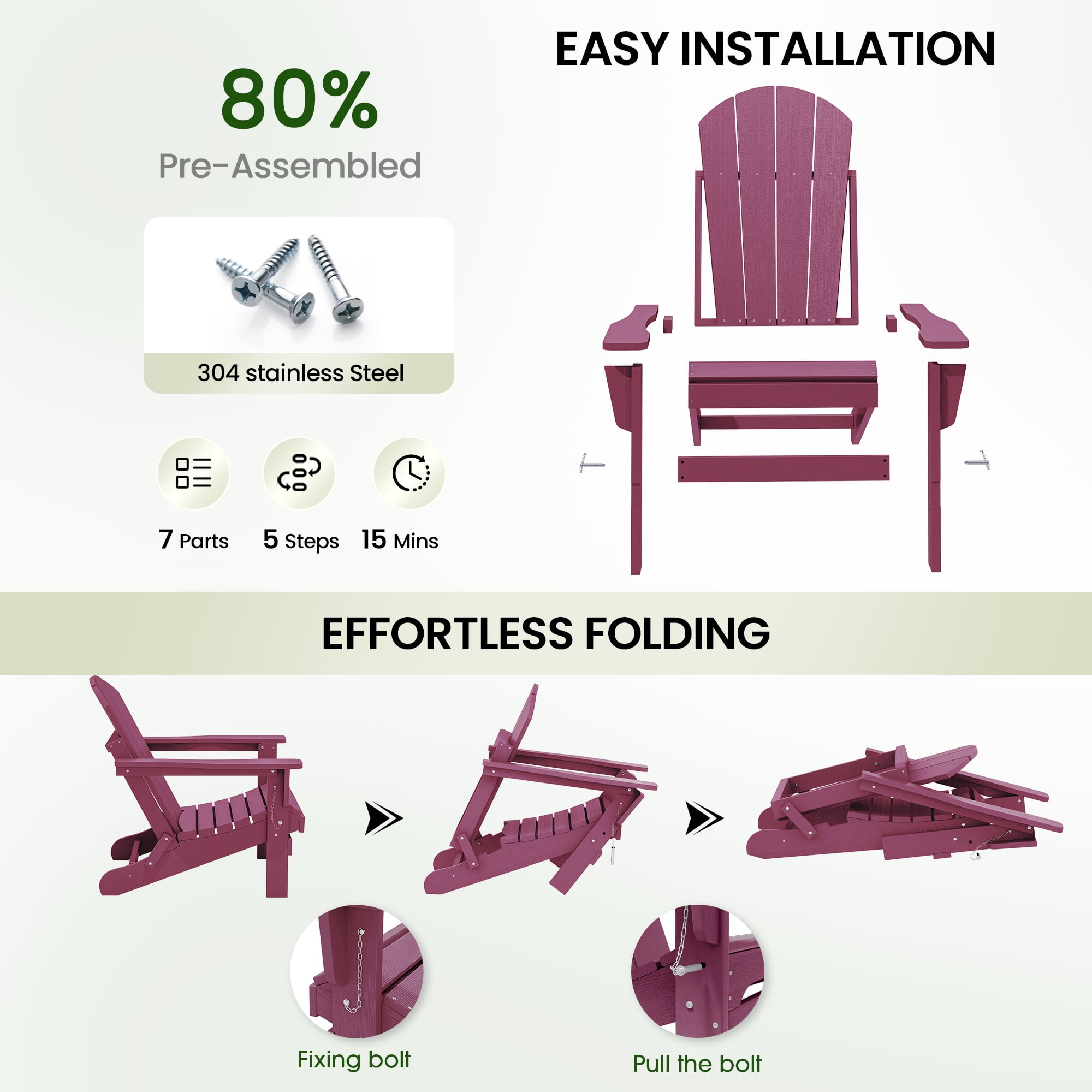 SERWALL Foldable Adirondack Chair Set of 2, Weather Resistant Adirondack Chair for Patio Garden Outdoors Fire Pit - Berryred
