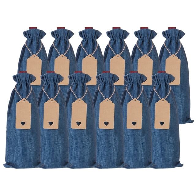Uxcell 12pcs Bolsas de Vino de Arpillera, Fundas de Regalo de Vino Reutilizables con Cuerdas y Etiquetas para Bodas, Azul