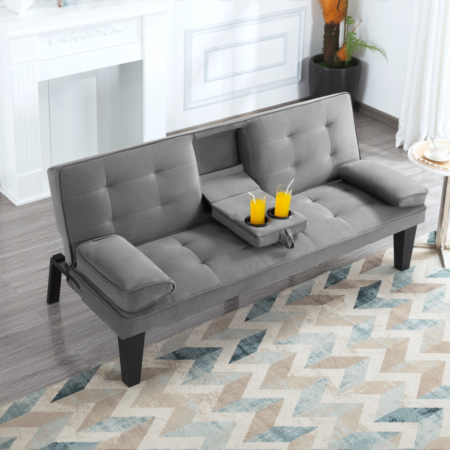 Gewnee Futon Sofa Bed Modern Sofa Couch Convertible Sofa Sleeper for Living Room with 2 Cup Holders, Removable Armrests (Gray)