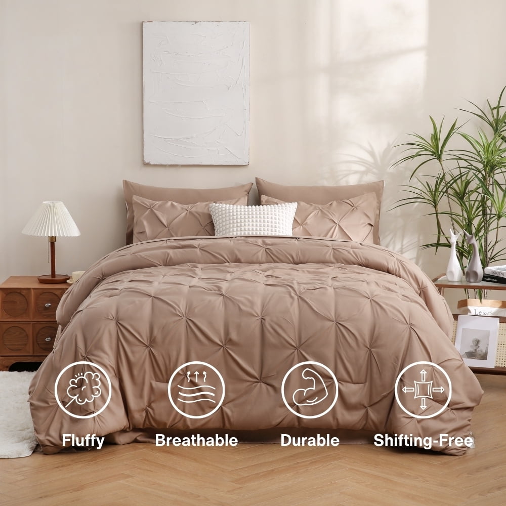Sheet&Joy 7 Pieces Pinch-Pleated Comforter Set, Khaki King Size