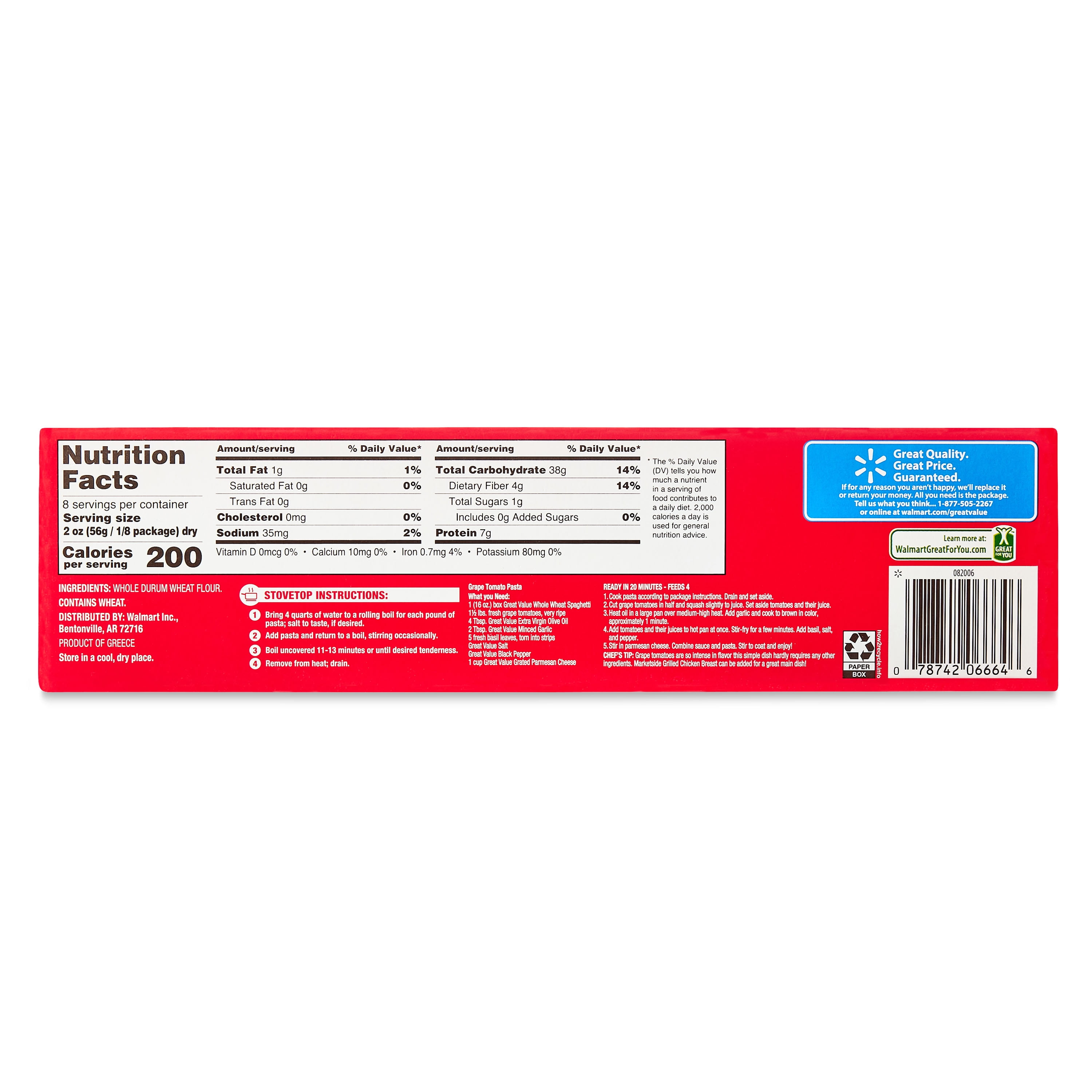 Great Value Whole Wheat Spaghetti, 16 oz (Shelf Stable)