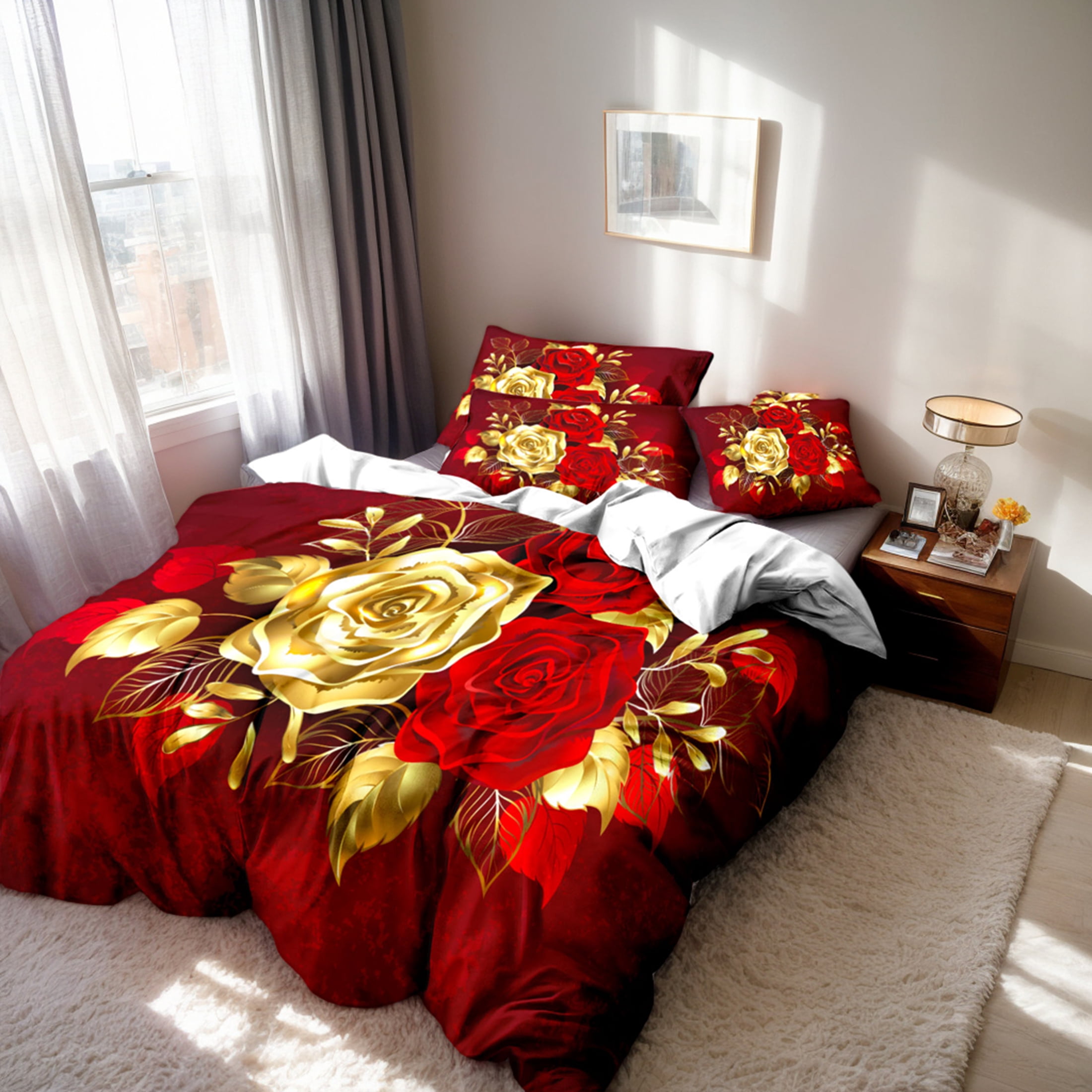 Orylavena 3D Gold Red Rose Microfiber Duvet Cover Set, White Back, Twin