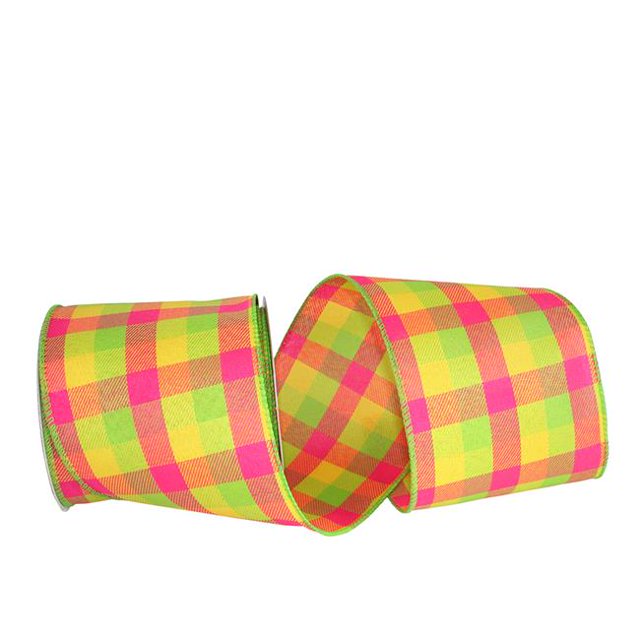 Reliant Ribbon 93228W-188-10F Celine Plaid Twill Wired Edge Ribbon - Citrus & Fuchsia - 4 in. x 10 yards