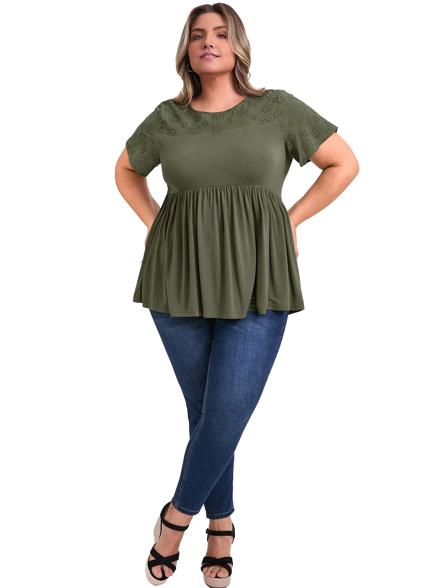 DARING DIVA Women's Plus Eyelet Embroidery Blouse with Ruffle Hem 3X Army Green