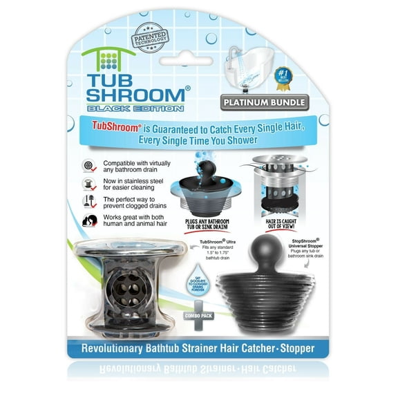 Tubshroom Tub Drain Hair Catcher Combo Pack with Silicone Stopper, Black Chrome – Fits 1.5” – 1.75” Bathtub and Shower Drains