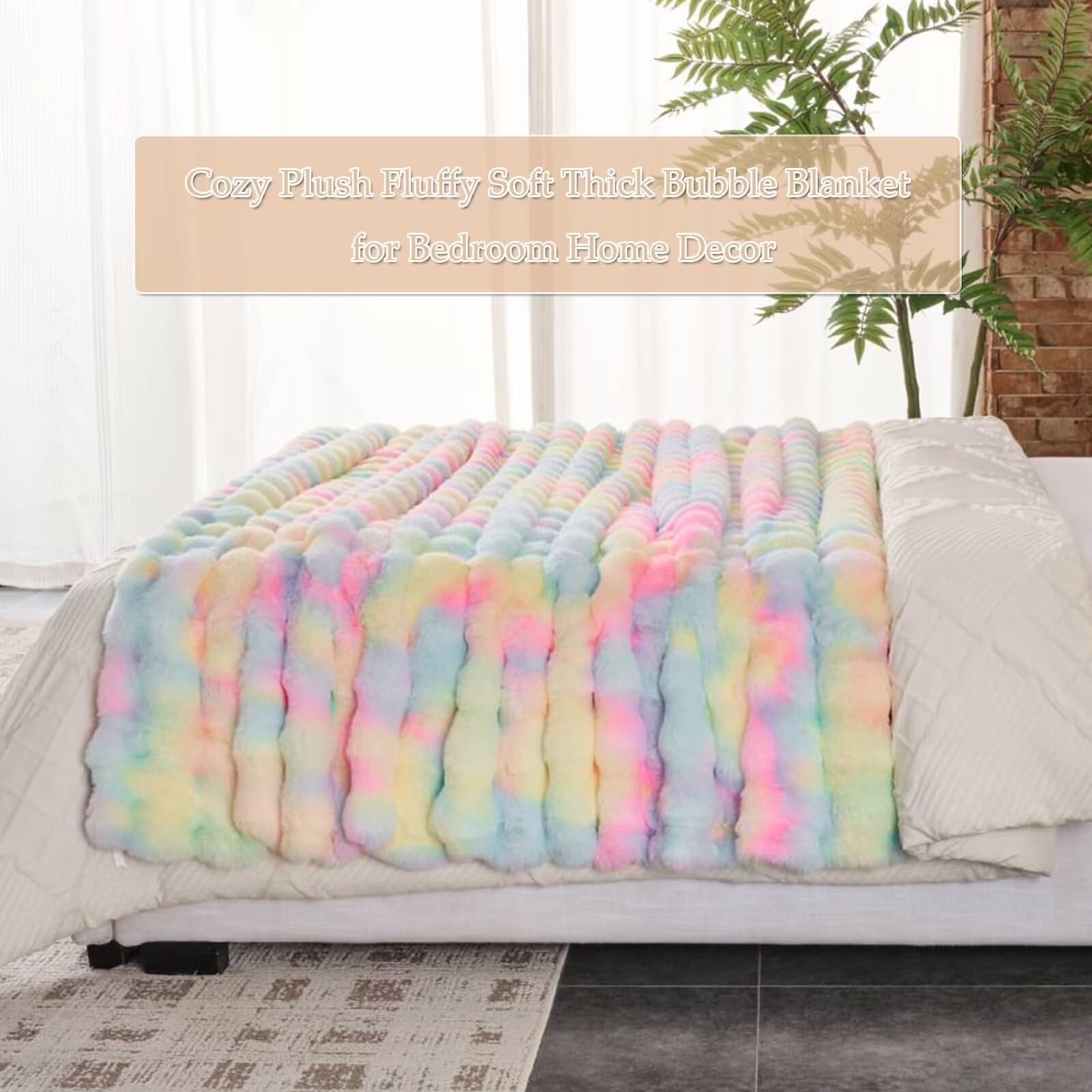 760GSM Faux Rabbit Faux Fur Throw Blanket,Super Thick Warm Bubble Blanket Throw,Fuzzy Luxury Plush Decorative Blanket for Couch Bed Sofa(Rainbow,80" x 90")