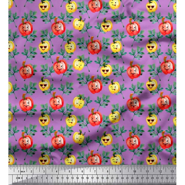 Soimoi Purple polyester Crepe Fabric Leaves & Colorful Capsicum Vegetable Fabric Prints By Yard 52 Inch Wide