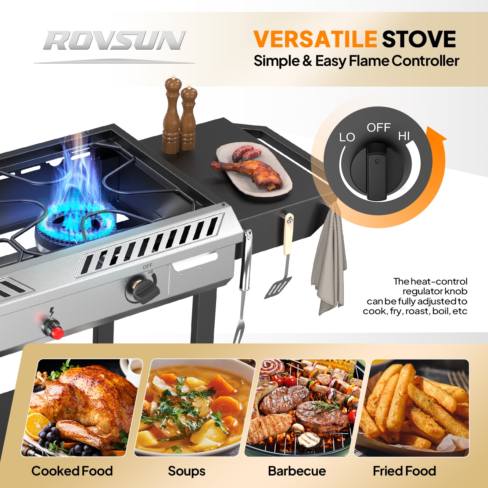 VINGLI 2 Burner Propane Stove with Auto Ignition, 150,000 BTU Gas Stove with Side Shelves, Rolling Wheels & Regulator for Home Outdoor Backyard Camping Cooking Frying Brewing Canning