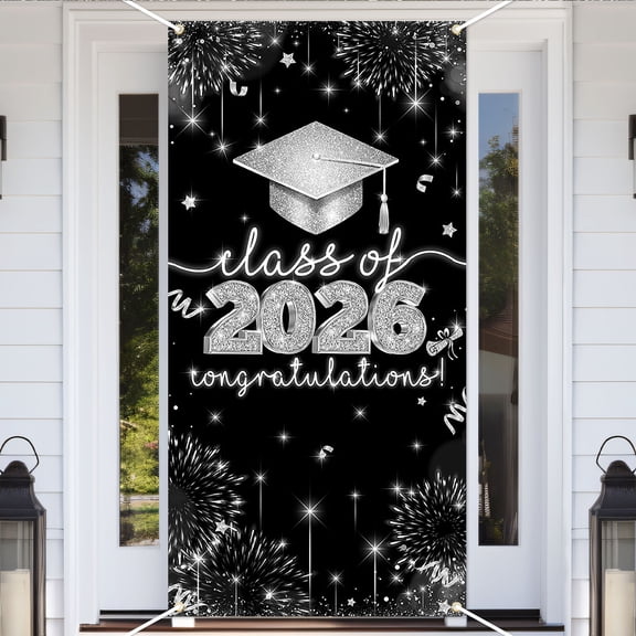 Mocsicka Class of 2026 Door Banner Black Silver Graduation Door Cover Congras Grad Party Decorations Photo Booth Props