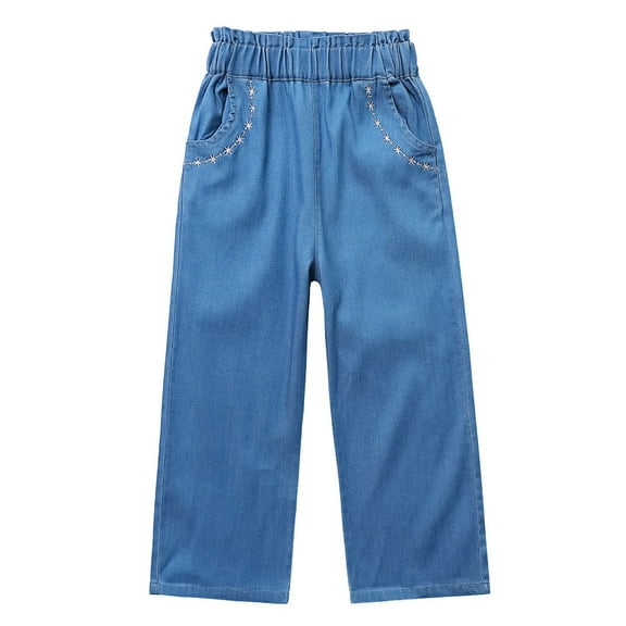breaise Girls Casual Denim Pants High Waisted Wide Leg Jeans Toddler Kids Summer Lightweight Straight Leg Pants with Pocket