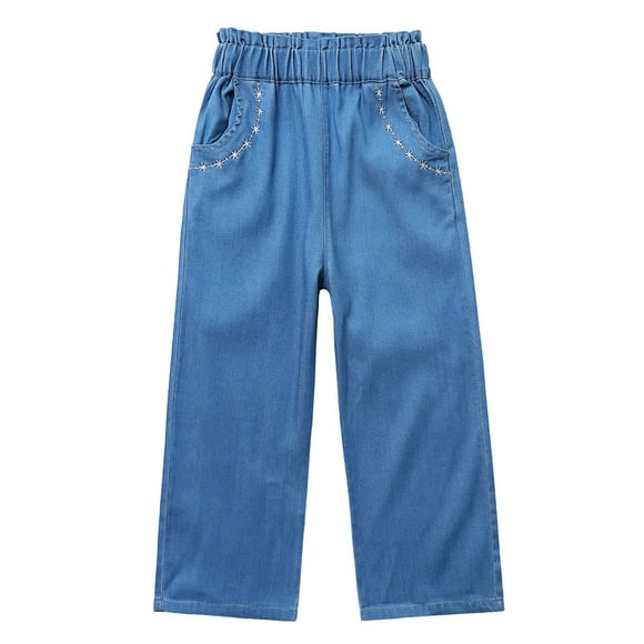 Odeerbi 5-12 Años Niños Niñas Jeans de Pierna Ancha Pantalones de Vaquero Suaves Lindos Pantalones de Pierna Recta de Verano Pantalones de Vaquero Con Bolsillo