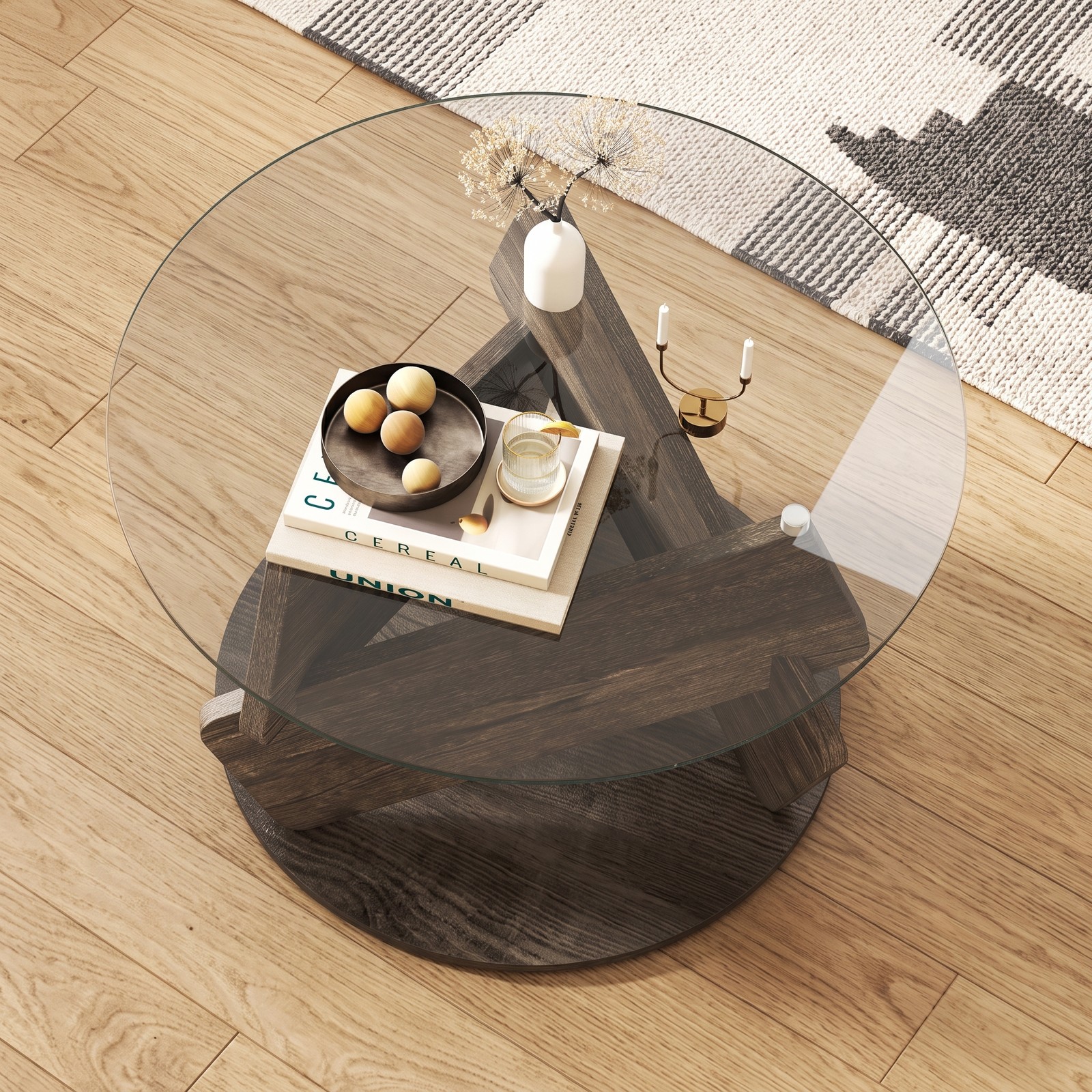 Furnibear Round Glass Coffee Table, 32 Inch Modern Center Table with Tempered Glass Top and Solid Rubberwood Base for Living Room Office Reception, Gray
