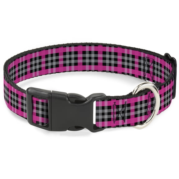 Buckle-Down Pet Collar, Dog Collar Plastic Buckle, Plaid Black Gray Fuchsia, 7 to 8.5 Inches 0.5 Inch Wide