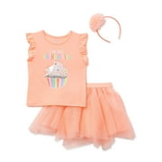 Wonder Nation Baby and Toddler Girls Birthday Flutter Sleeve Top, Tutu Skirt & Headband, 3-Piece Outfit Set