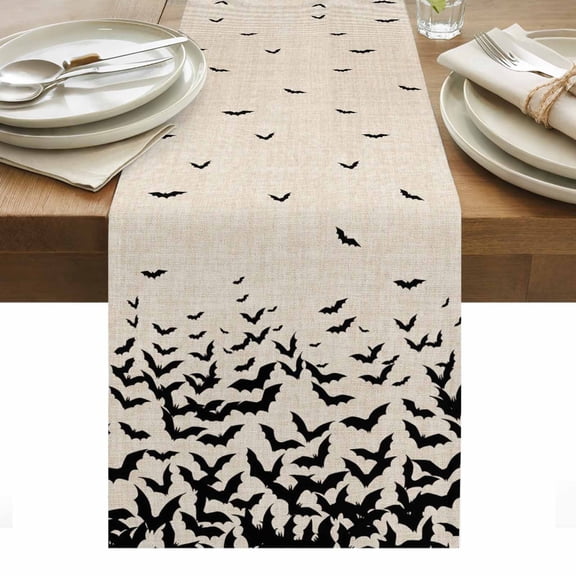 Halloween Table Runner - 72 Inch Long, Kitchen Dining Table Runner Dresser Scarves, Beige Rustic Horror Bat Spooky Halloween Farmhouse Decor for Coffee Tables Wedding Party Banquet