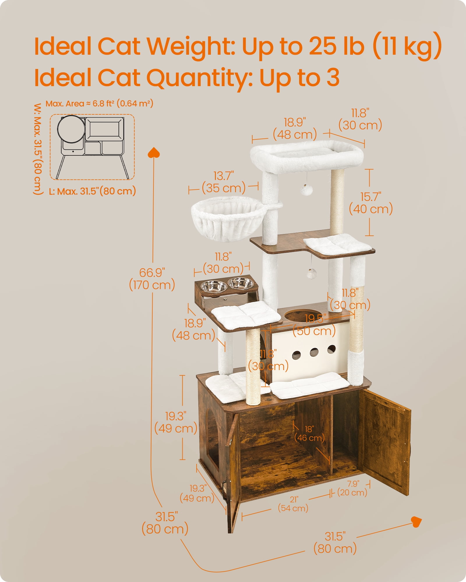 Cat Tree, 66.9-Inch Cat Tower with Litter Box Enclosure, Large Cat Condo with Scratching Posts, Food Station, Hammock, Washable Cushions, Rustic Brown