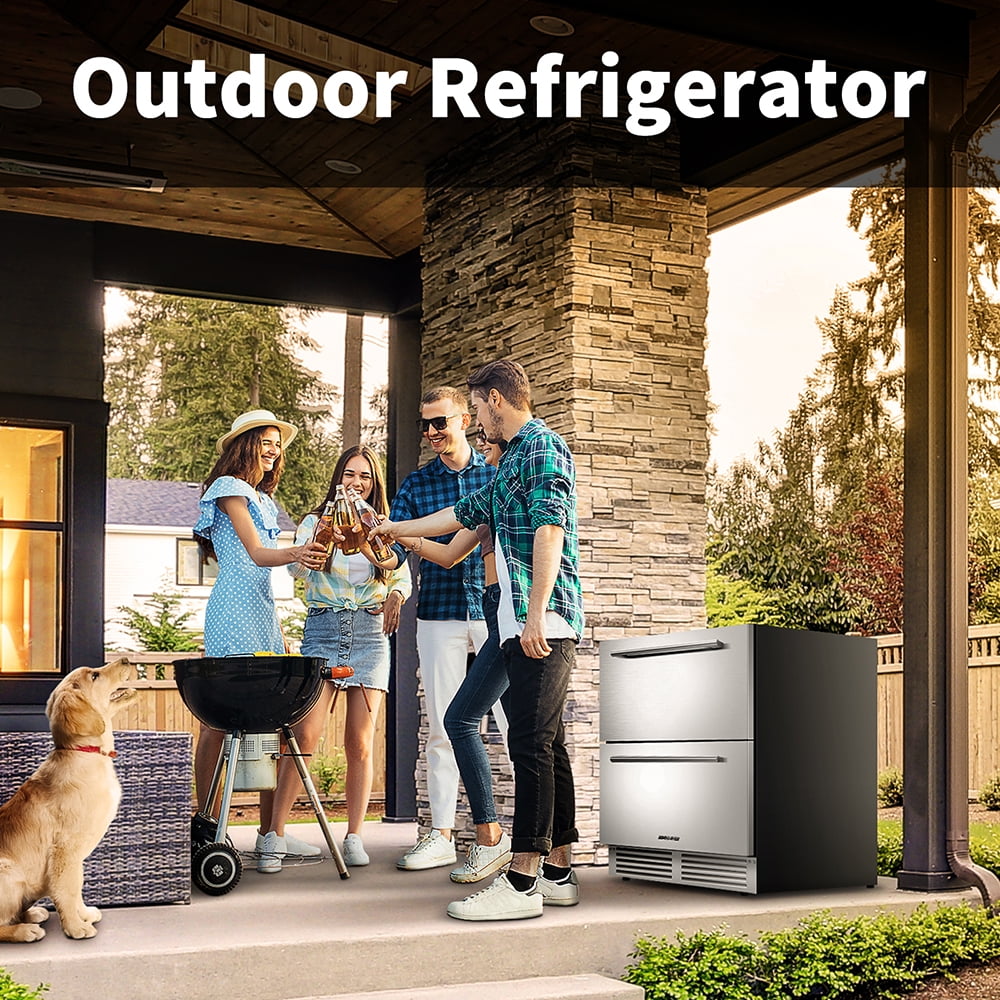 BODEGACOOLER 24in Double Drawer Beverage Refrigerator 149 Cans with Temperature Adjustment for Under Counter Built-in & Freestanding, Weather Proof Dual Zone Wine Cooler Fridge Indoor and Outdoor
