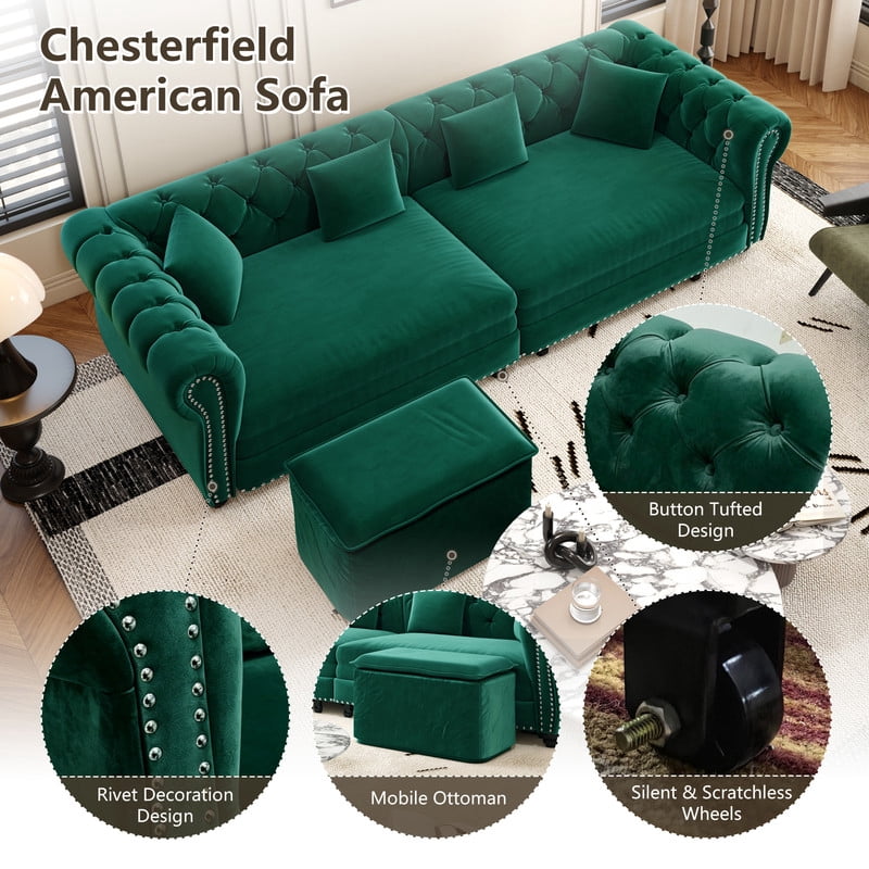 3-in-1 Pull-Out Sofa Bed, 89'' Chesterfield Sofa, Convertible Sleeper Sofa Bed, King Size Sofa Bed, Chaise Lounge, Tufted Design Velvet 3-Seater Sofa with Movable Ottoman