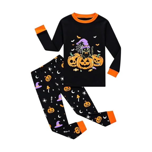 Kids Halloween Pajamas Size 4-5 Years Childrens Pumpkin Nightwear Long Sleeve Top and Pants Soft Comfort Pjs for Girls Black