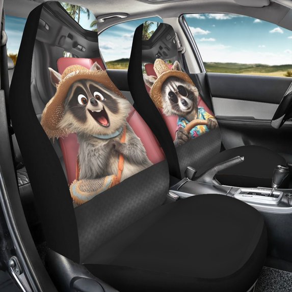 XYZCANDO Fun Front Car Seat Covers with Cute Vacation Raccoon Print - 2 Piece Breathable Waterproof Protector Set