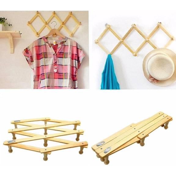2 Pack 10 Hook Coat Hooks, Wooden Expanding Accordion Style Wall Mounted Hook,Wooden Pegs Folding Wall Hanger Stand for Cap,Umbrella,Coffee Mug,Keys, Home Organization Storage Rack, Storage Holder