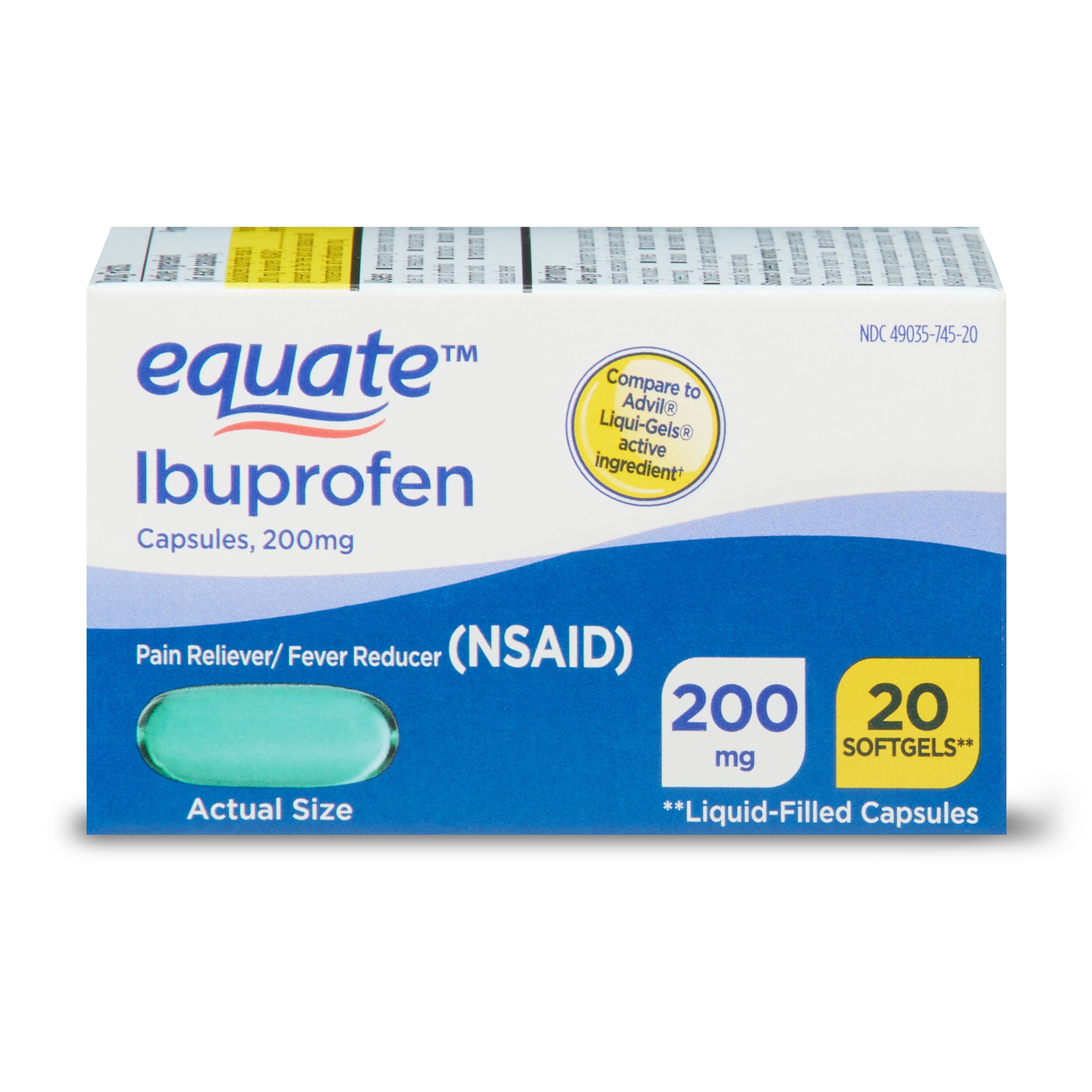 Equate Ibuprofen Softgels, 200 mg, 20 Count