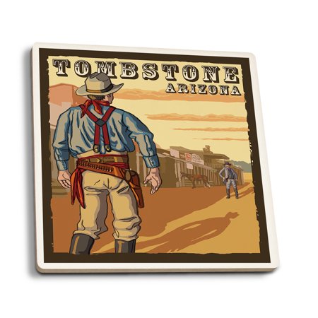 

Tombstone Arizona Cowboy Standoff (Absorbent Ceramic Coasters Set of 4 Matching Images Cork Back Kitchen Table Decor)