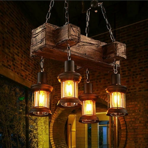 Retro Chandelier Lighting Wood Ceiling Light Fixture Cafe Store Lighting Lamp 