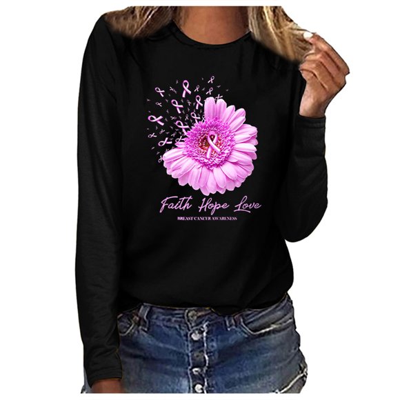 TopLLC Breast Cancer Shirts for Women T-shirt/Crewneck Shirt/Long Sleeve Shirt/Sweatshirt/Hoodie with Pink Daisy and Ribbon Breast Cancer Awareness Breast Cancer Gifts for Women