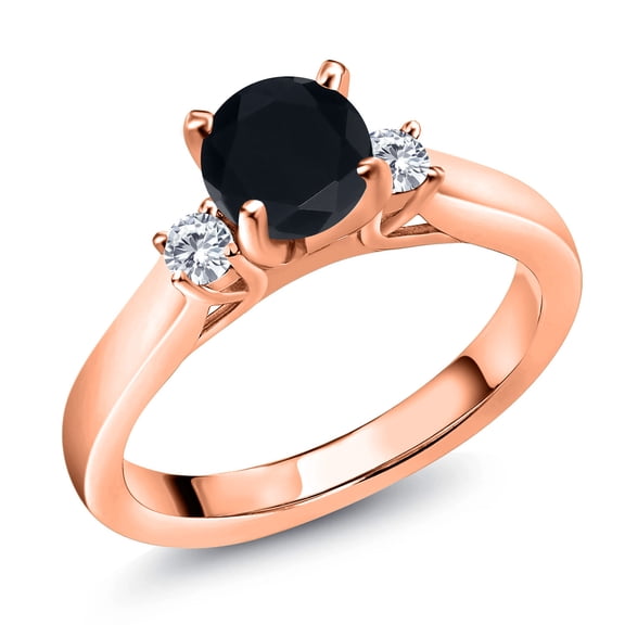 Gem Stone King 18K Rose Gold Plated Silver Black Onyx and White Diamond 3-Stone Engagement Ring for Women (0.93 Cttw, Round 6MM, Gemstone December Birthstone, Size 5)