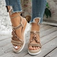 thumbnail image 2 of Wedge Sandals for Women Boho Beaded T- Strap Espadrilles Open Toe Platform Heels Elastic Slingback Casual Summer Dress Shoes Beige Size 7.5, 2 of 7