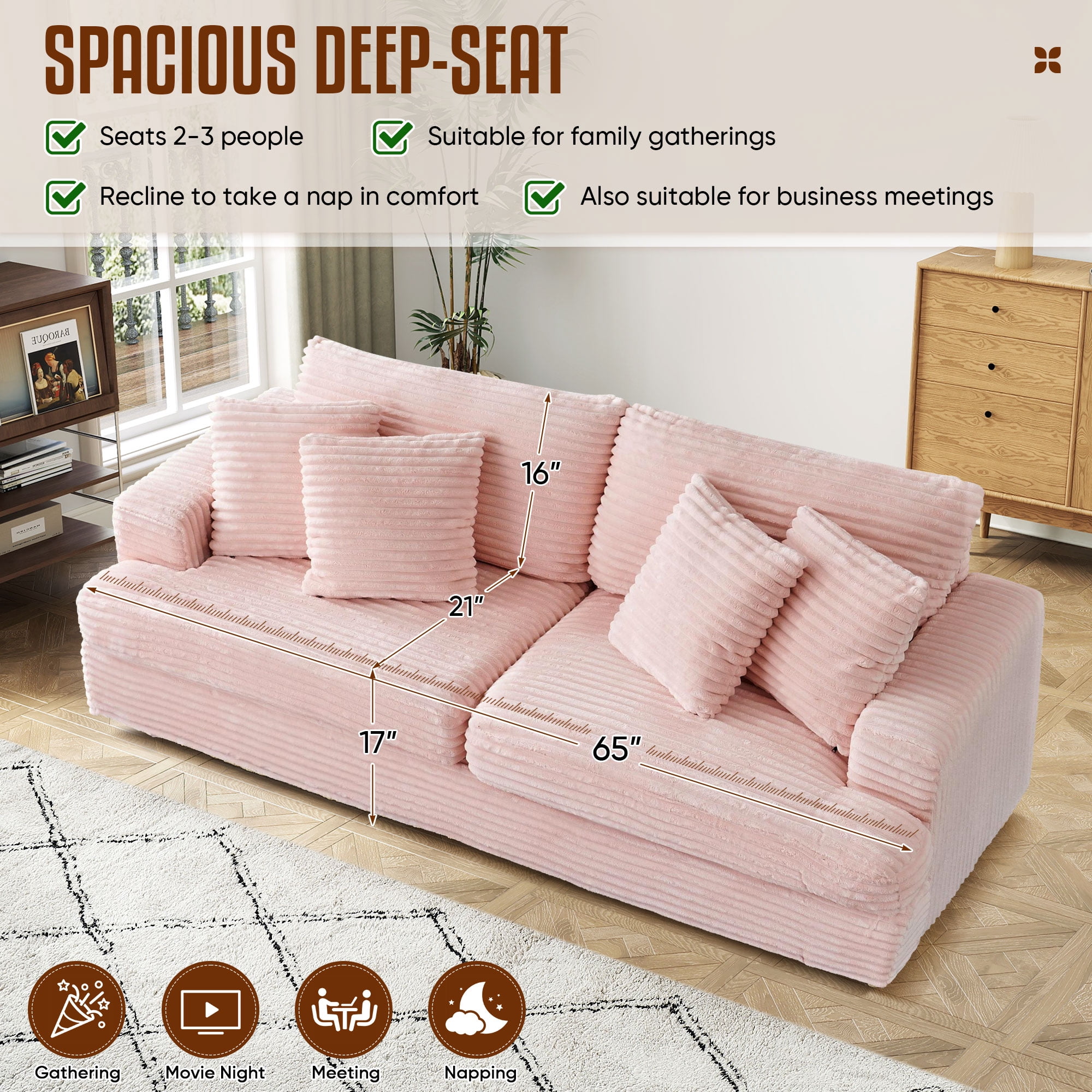 Dinosisco Corduroy Loveseat Sofa, Upholstered 3-Seater Sleeper Couch for Living Room, Pink