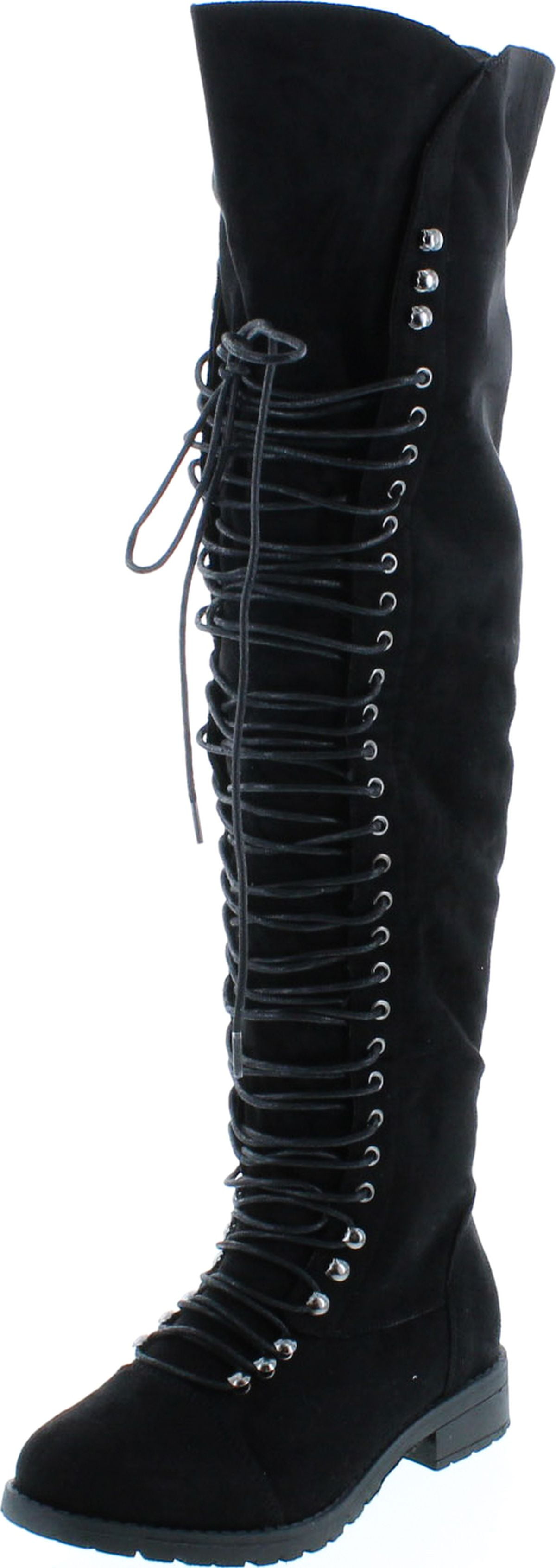 Thigh High Combat Boot, Black Suede 