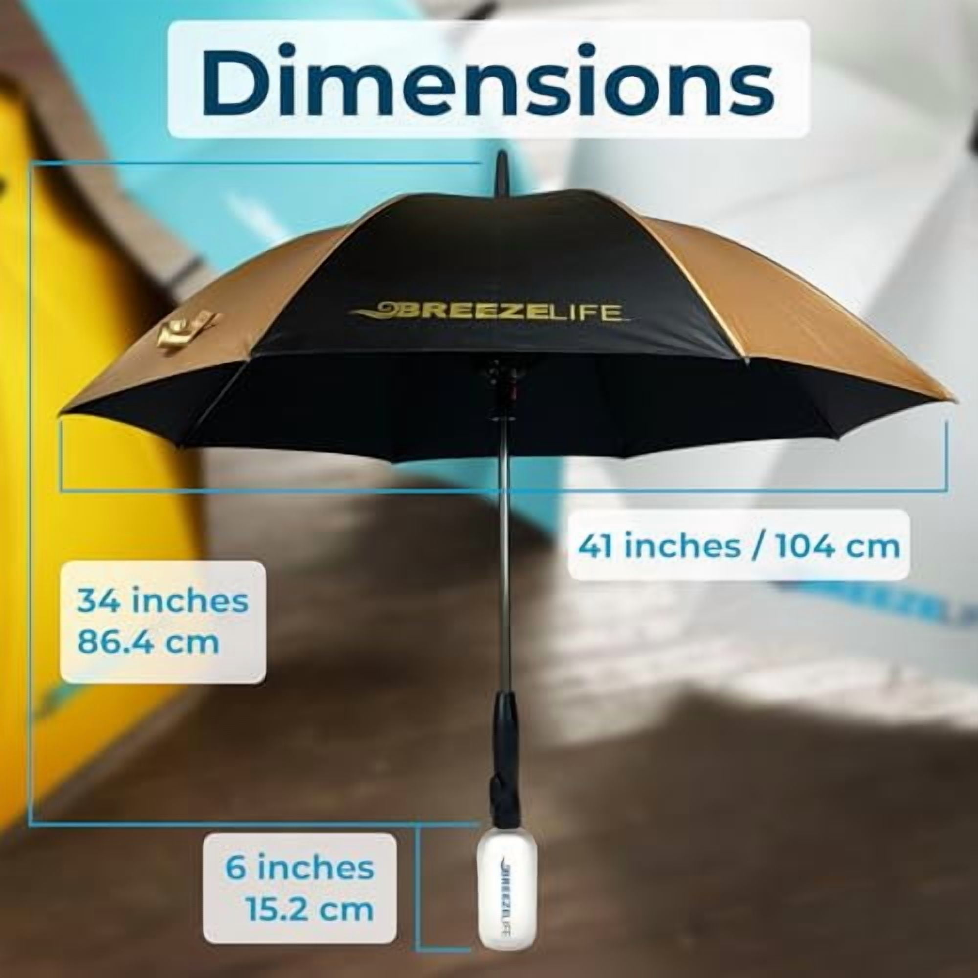Breeze Life Rechargeable Mister Breeze, Sun Umbrella with Fan and Mister,  For Festivals, Beach and More, Blocks Harmful Sun Rays, Mist bottle included (Black and Gold)