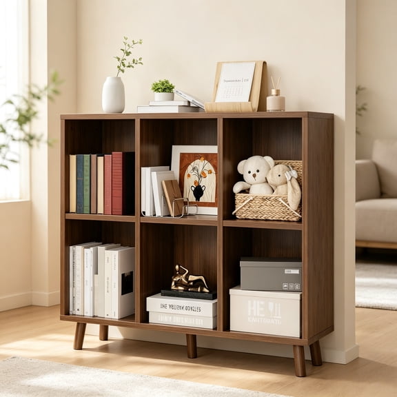 6-Cube 2-Tier Open Freestanding Wood Bookcase Storage Organizer, Indoor Display Shelf Furniture for Home Office Living Room Bedroom