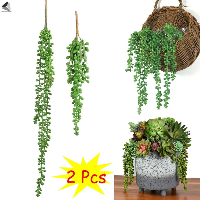CEWOR Artificial Succulents Hanging Plants 2pcs Fake String of Pearls in  Pot with Lanyard for Indoor Outdoor Wall Boho Wall Decor