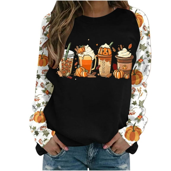 Mhoxuto Women Thankful Pumpkin Coffee Sweatshirts Long Sleeve Cushaw Spice Latte Fall Tops Thanksgiving Crewneck Pullover Shirts