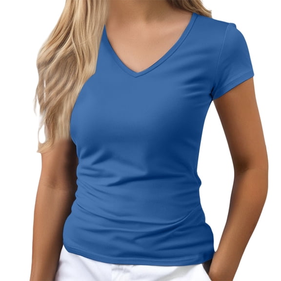Summer Tops for Women Regular Shoulder Slim Fit Versatile Solid Color V Neck Short Sleeve T Shirt