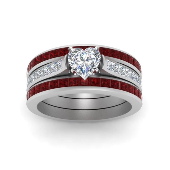 Simple Alloy Couple Style Ruby Heart Diamond Ring Trendy European and American Design