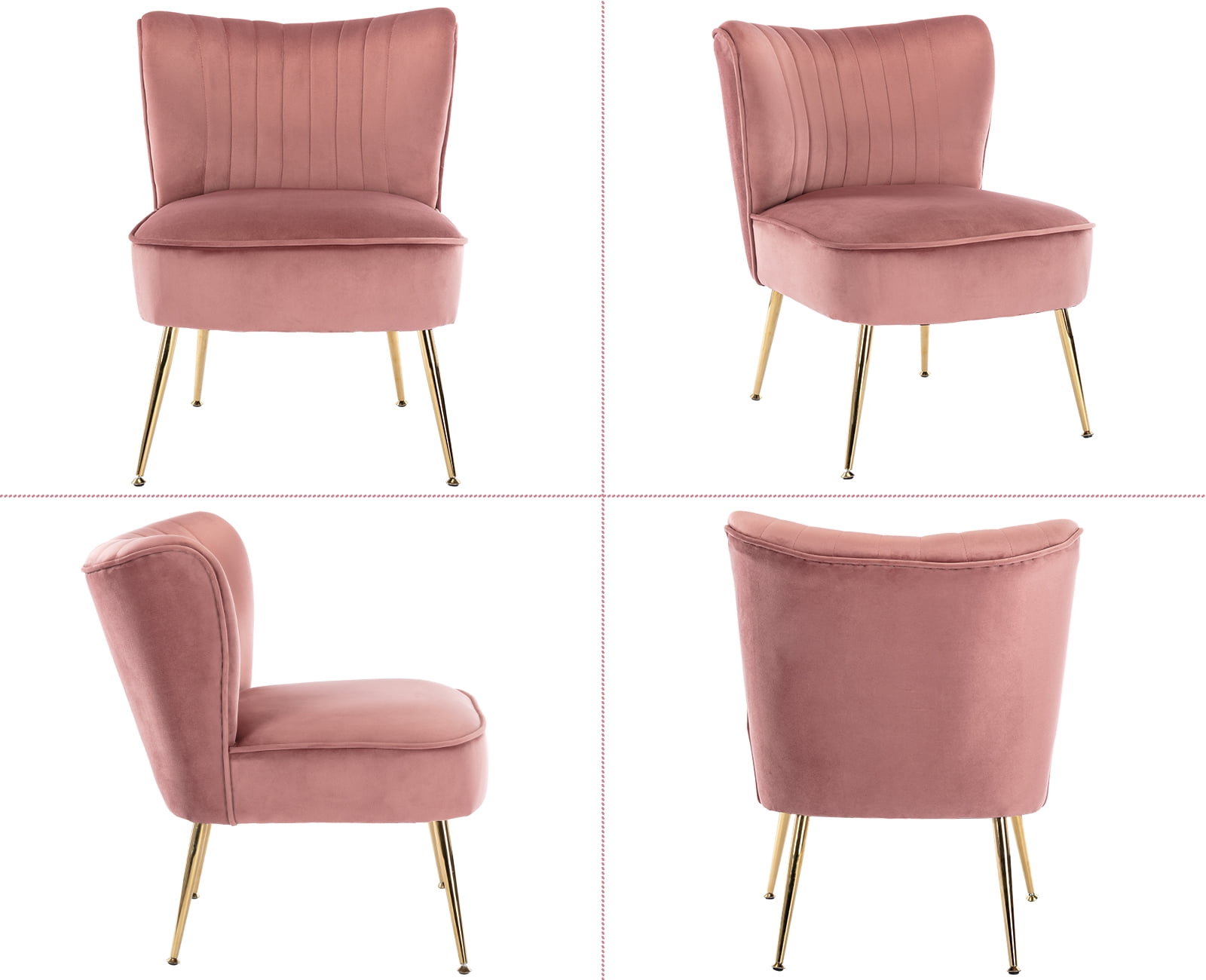 Guyou Modern Accent Chair Set of 2, Armless Slipper Chair Velvet Upholstered Lounge Chair, Wingback Single Sofa Side Chair with Gold Legs for Living Room Bedroom, Pink