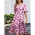 thumbnail image 2 of Women's Floral Flutter Sleeve V Neck Summer Midi Dress with Decorative Button and Ruched Bodice in 100% Polyester, 2 of 7
